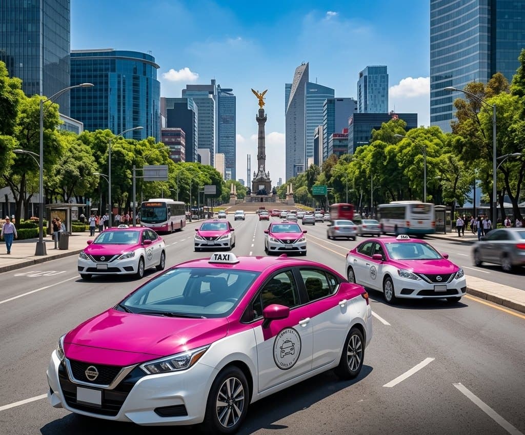 Taxi rosa de la Ciudad de México con el sello ConoTaxi en la puerta